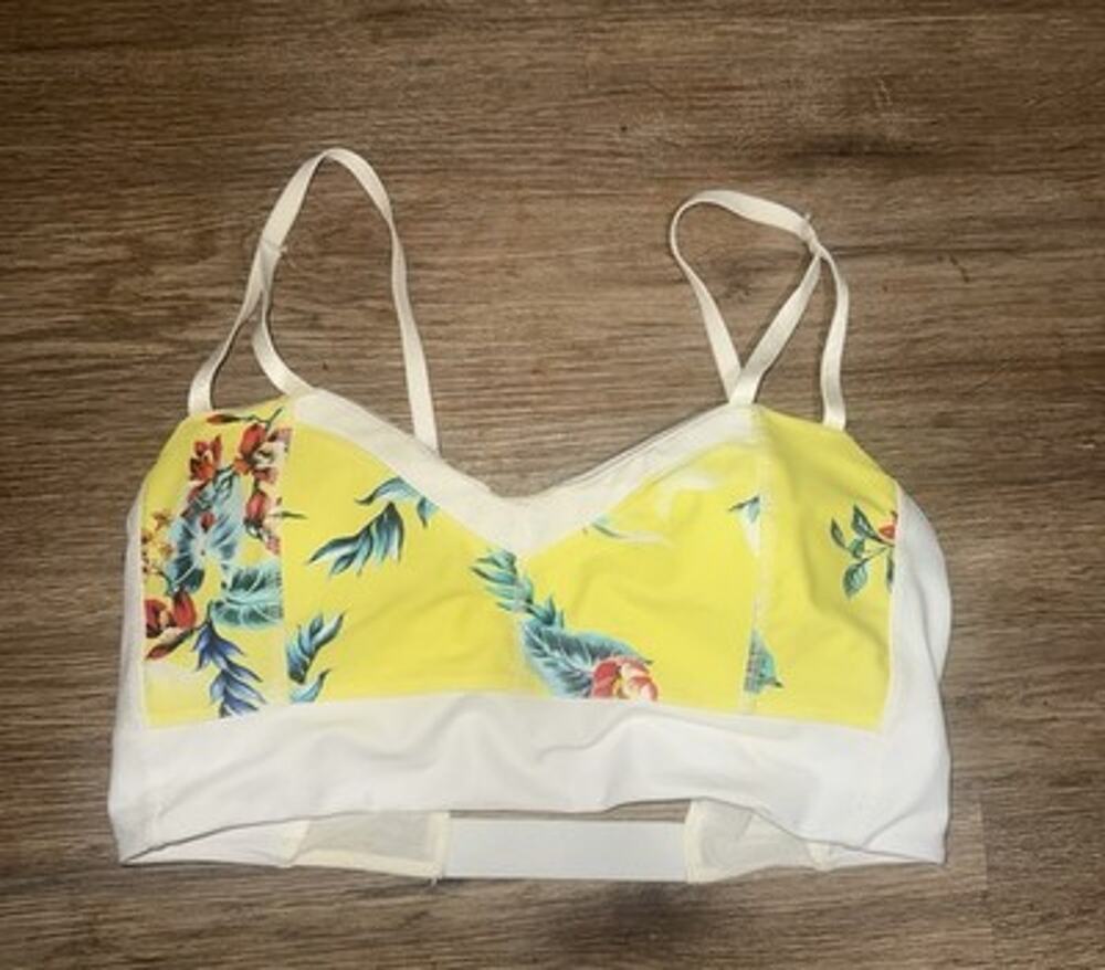 Hapari Large Yellow Tropical Floral Longline Bikini Swim Top Strappy Back Mesh